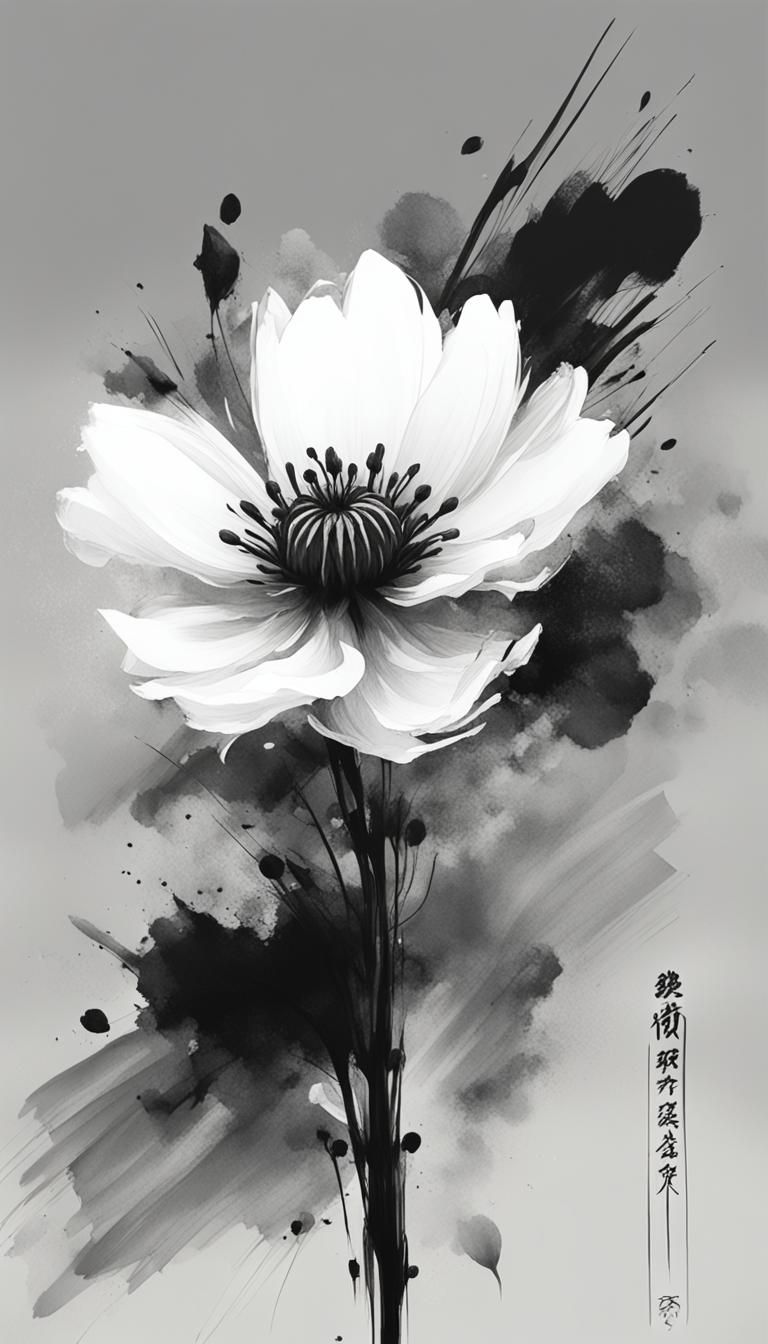 Minimalist Ink Painting of a Flower in SUIBOKUGA Style