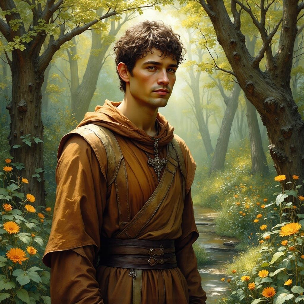 Jovial Friar in Vibrant Forest, Digital Matte Painting