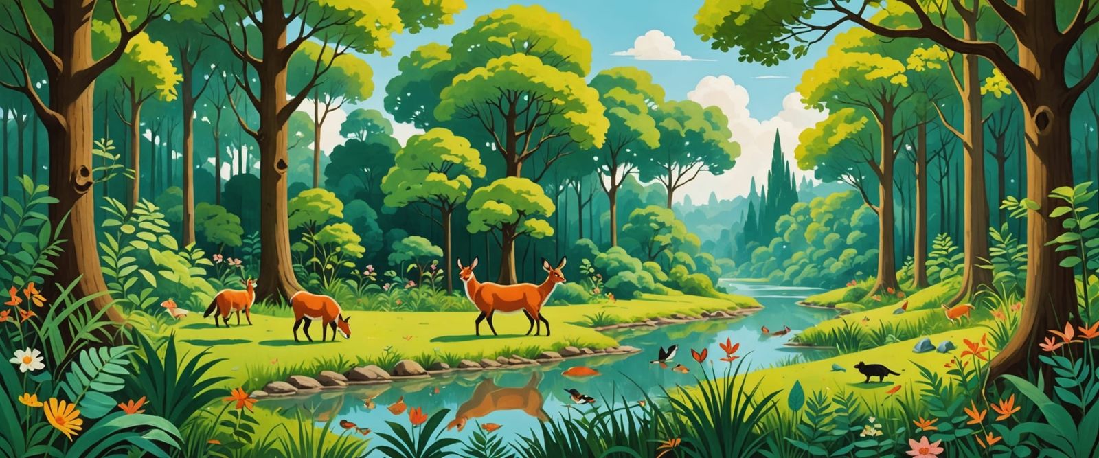 Mystical Forest Glade Folk Art Painting