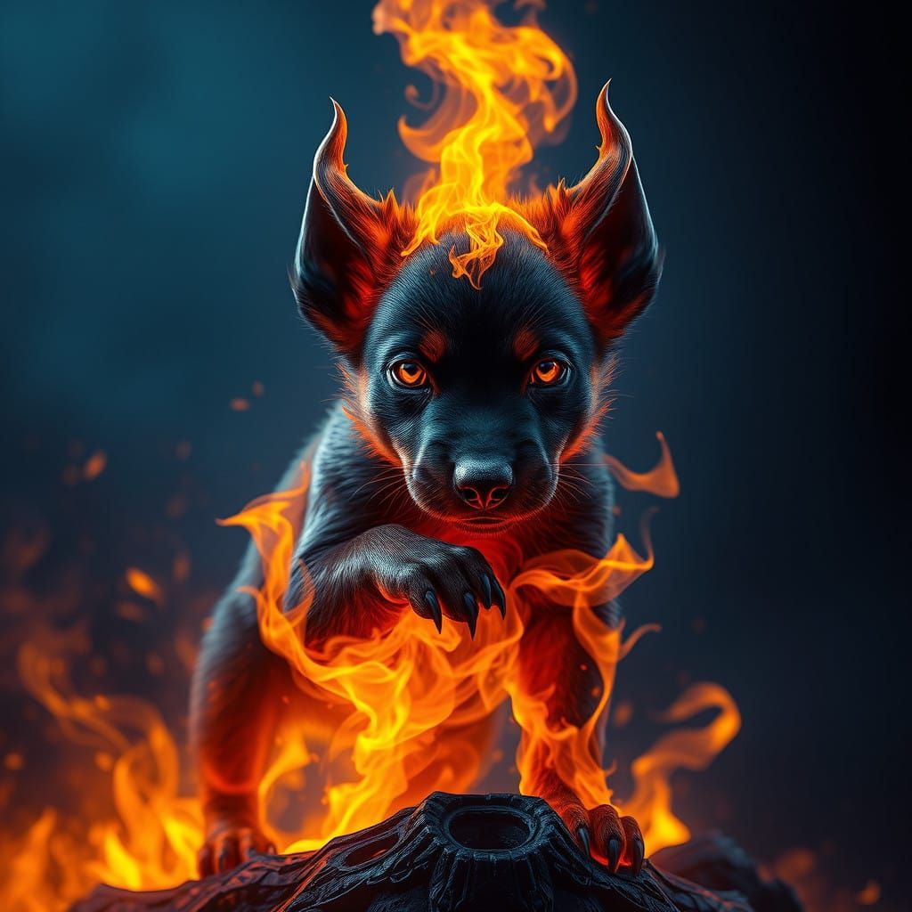 Cyberpunk Hellhound Puppy in Fiery Inferno