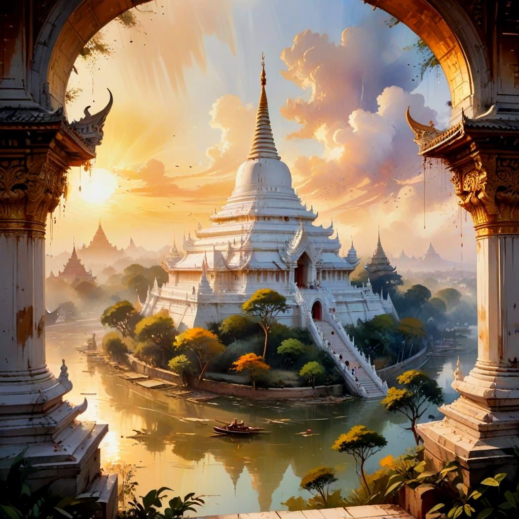 Mandalay Palace at Golden Hour as Watercolour Art