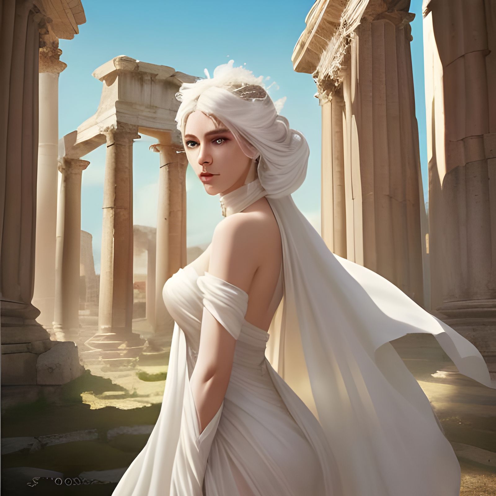 Ethereal Woman in Roman Ruins: Hyperrealistic Splash Art