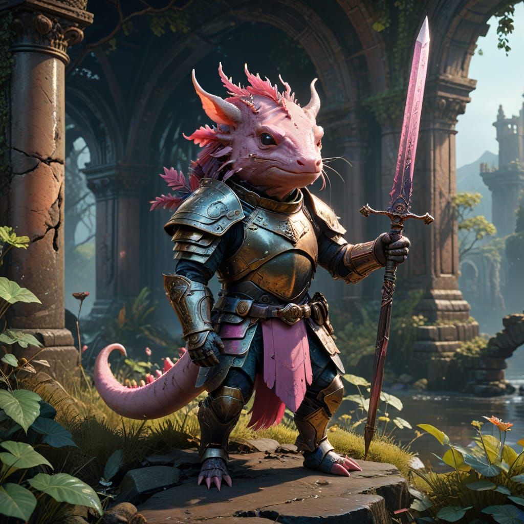Majestic Pink Axolotl in Fantasy Armor