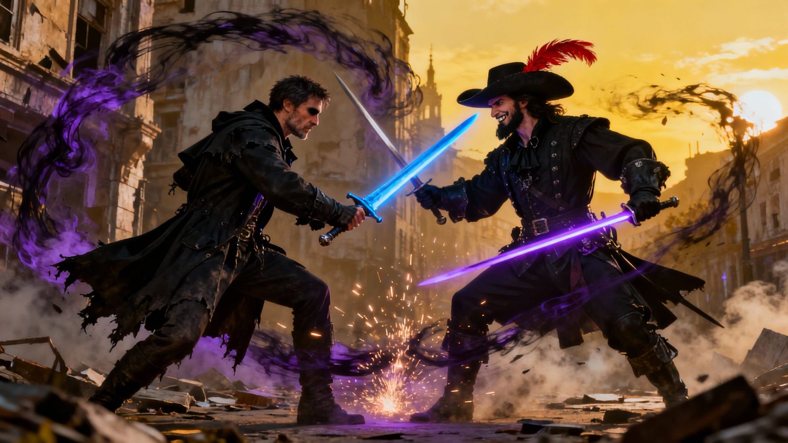 Dark Fantasy Duel: Man in Trench Coat Fights Musketeer