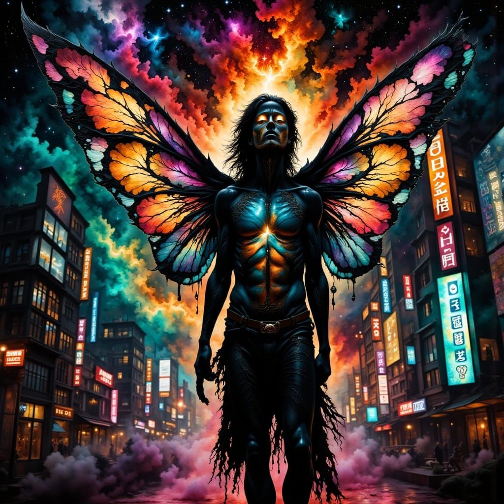 Corrupted Fairy in Dystopian Cyberpunk Cityscape