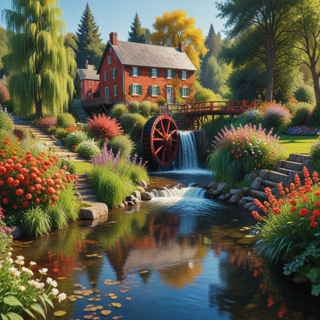 Water Wheel Amidst a Vibrant Claude Monet-Inspired Landscape