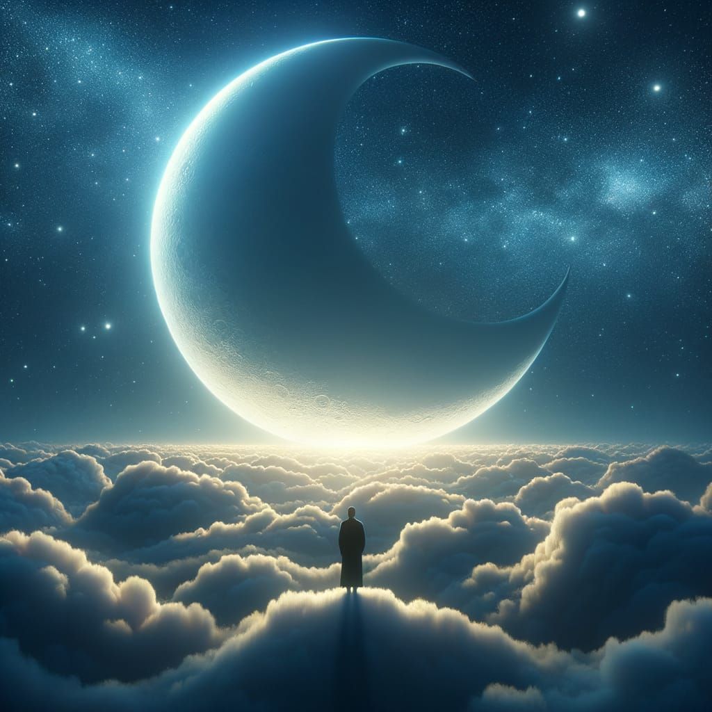 Solitary Figure on Enchanted 3D Crescent Moon in a Celestial...