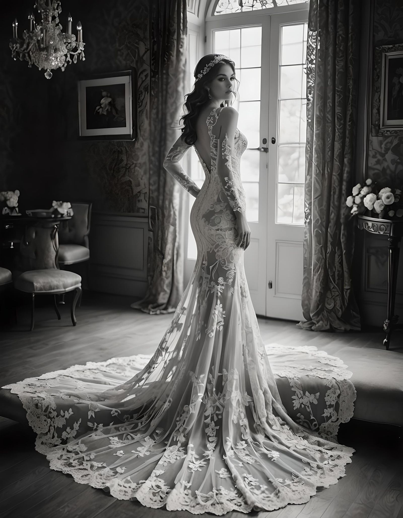 Elegant Lace Gown in Boudoir Setting