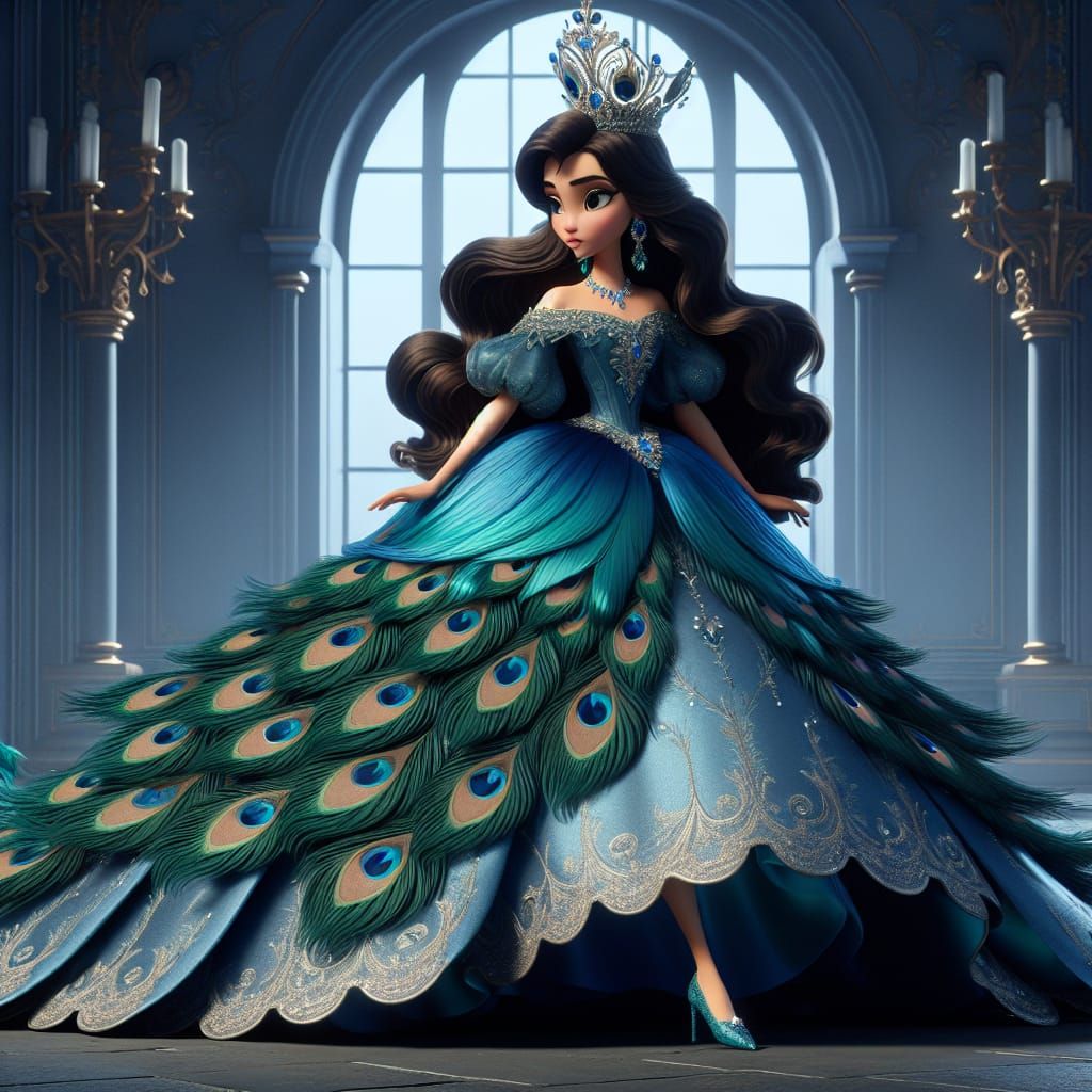 Disney Pixar style 3D stunningly beautiful Princess, long wavy dark hair, wearing a peacock blue flowing gown with peaco...