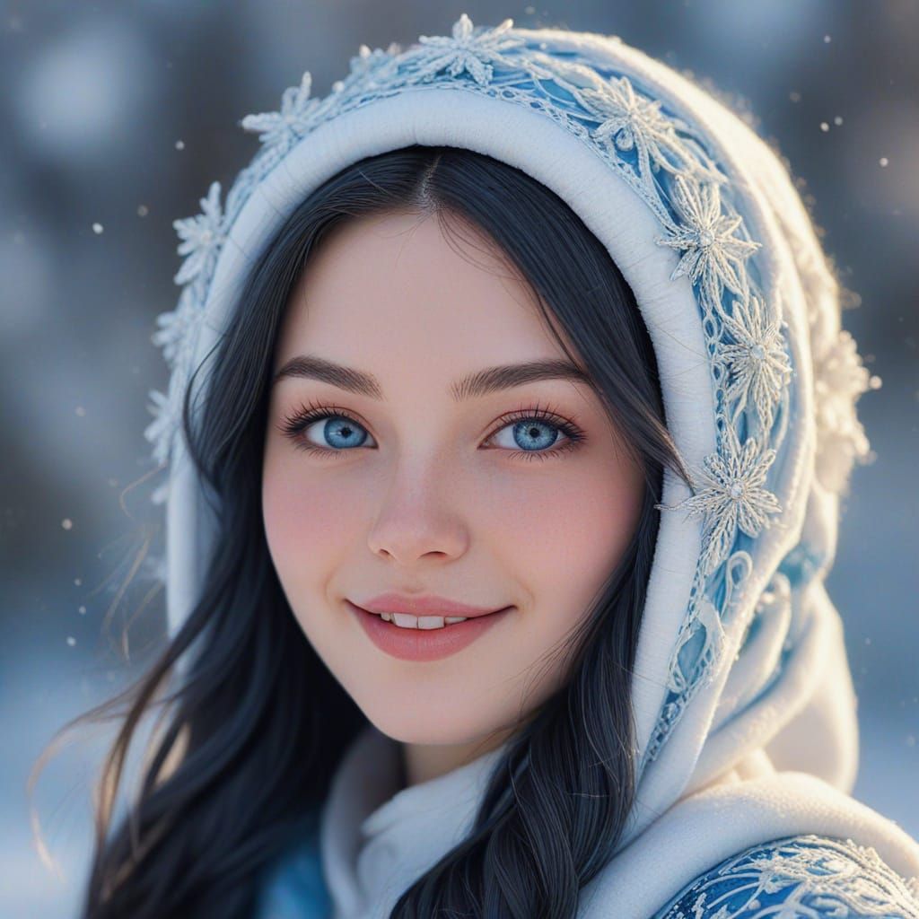 Little Girl Snow Maiden in Detailed Winter Costume