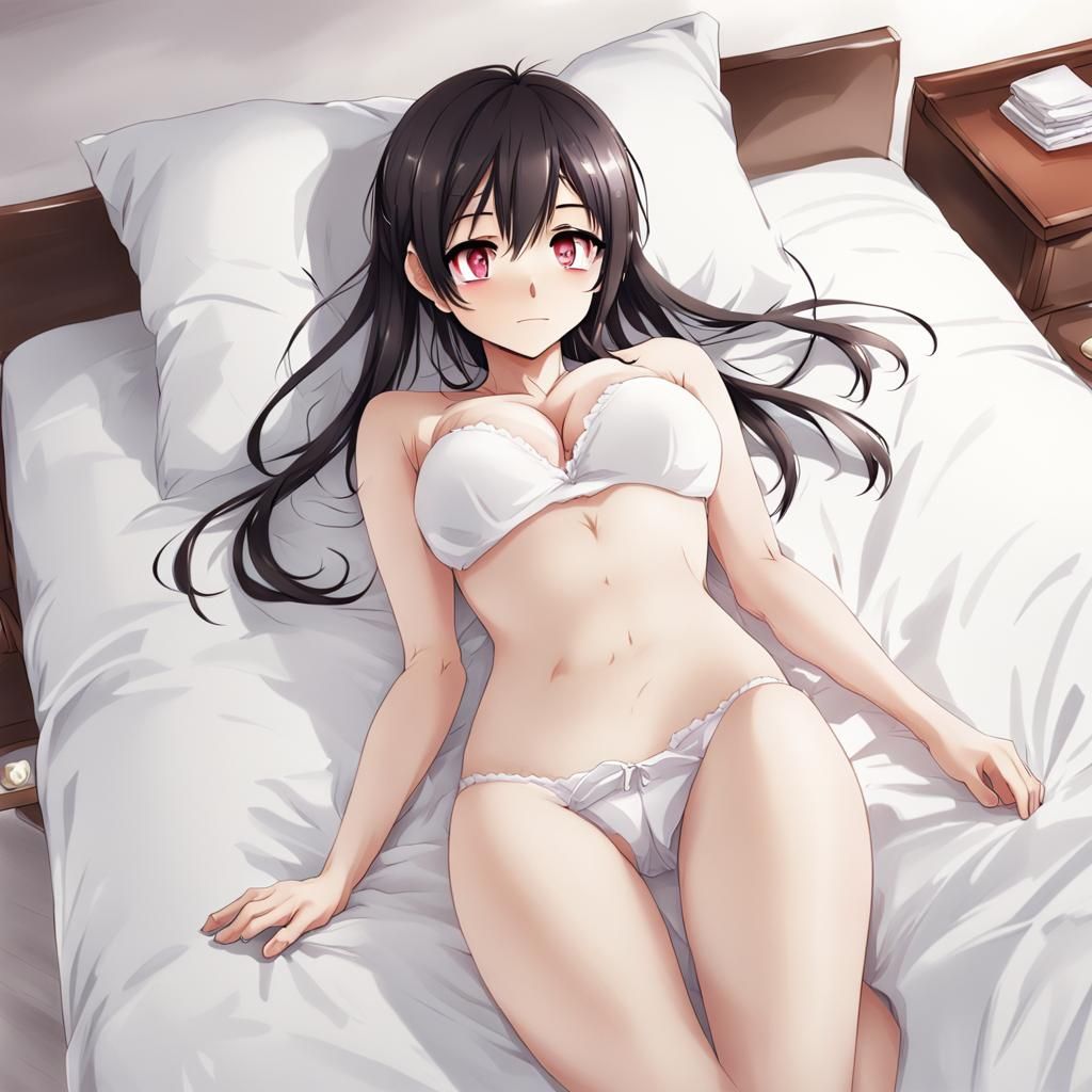 Embarrassed Anime Girl on White Bed