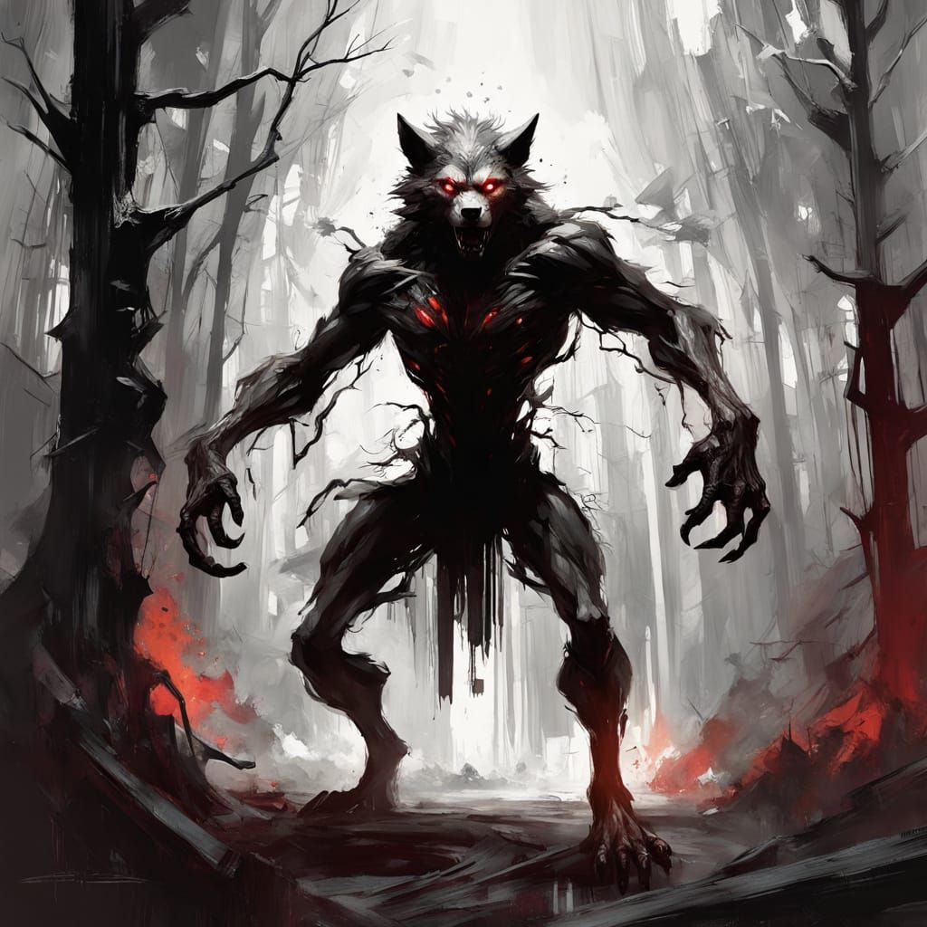 Majestic Werewolf in Ethereal Light Amidst Dark Forest