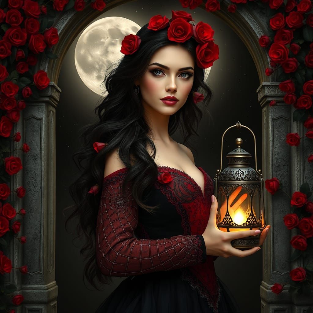 Woman with Roses and Lantern in Art Nouveau Style