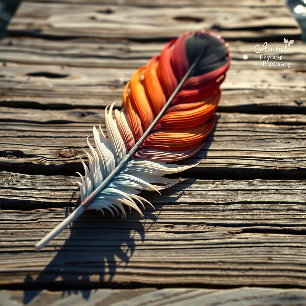A multicolored large feather laying on top of a wooden dock....