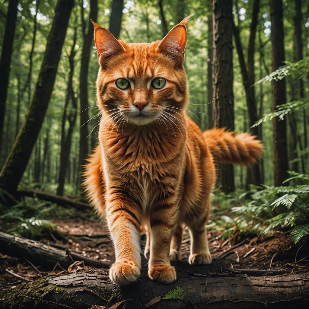 Fiery Orange Cat Blazes Through Forest: Cinematic Still