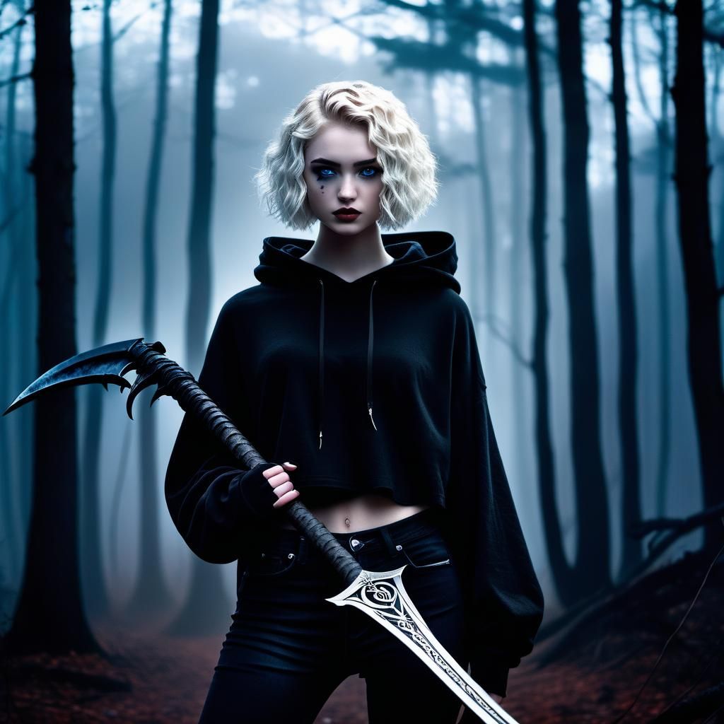 An 18 year old girl, with short curly blonde hair in a bob c...