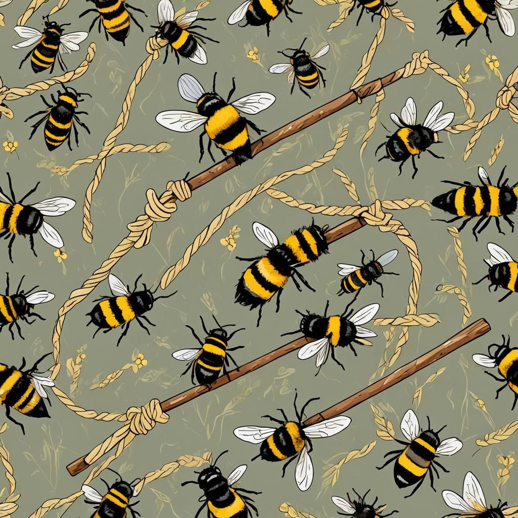 Cartoon Bumble Bees with Oar and Knotted Rope