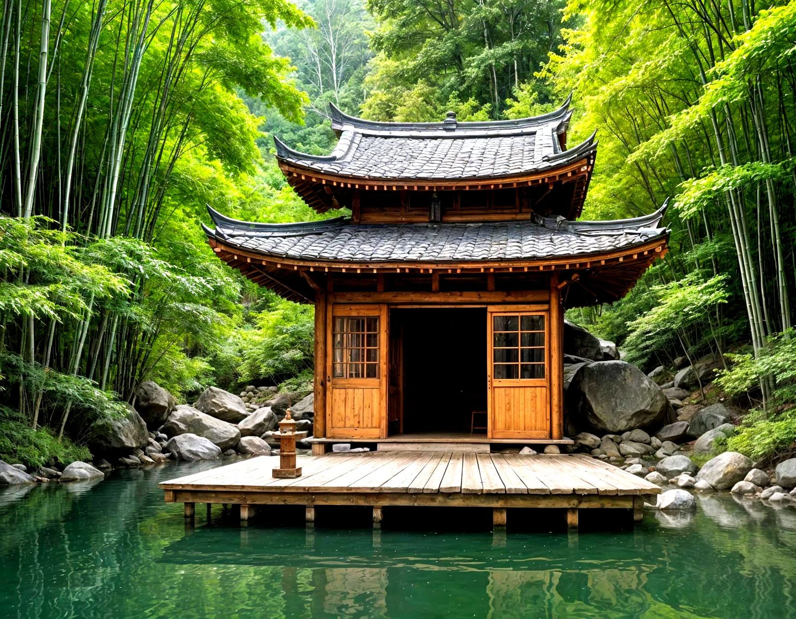 Floating Bamboo Martial Arts Studio on Serene Lake