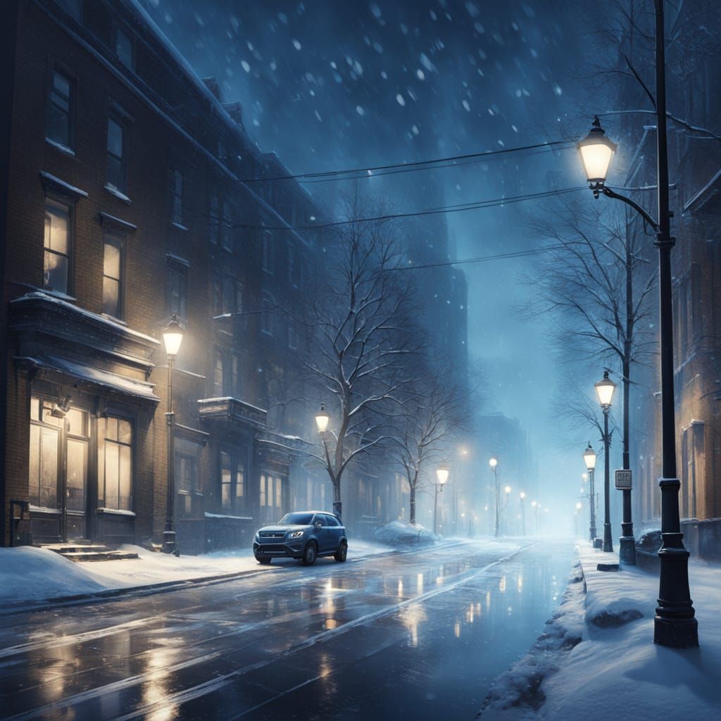 Snowy City Street at Night in Fog