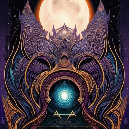 Giant Beaming Owl Illustration with Moonlight and Stars