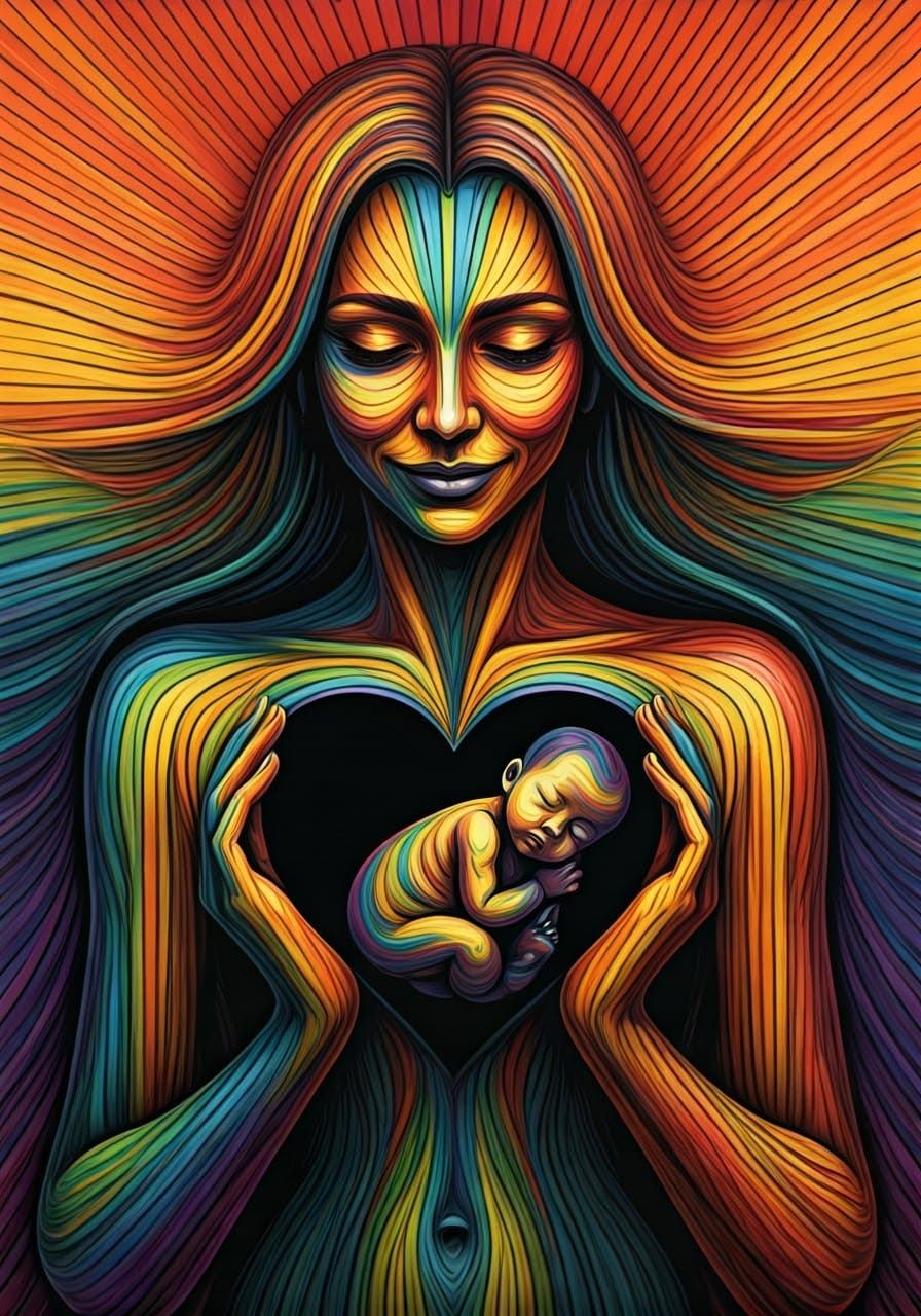 Cubist Mother Holding Heart in Cyberpunk Style
