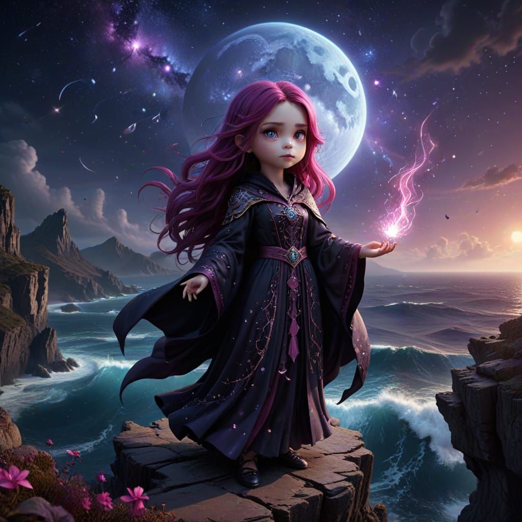 Chibi Witch Spellcasting Over Starlit Ocean