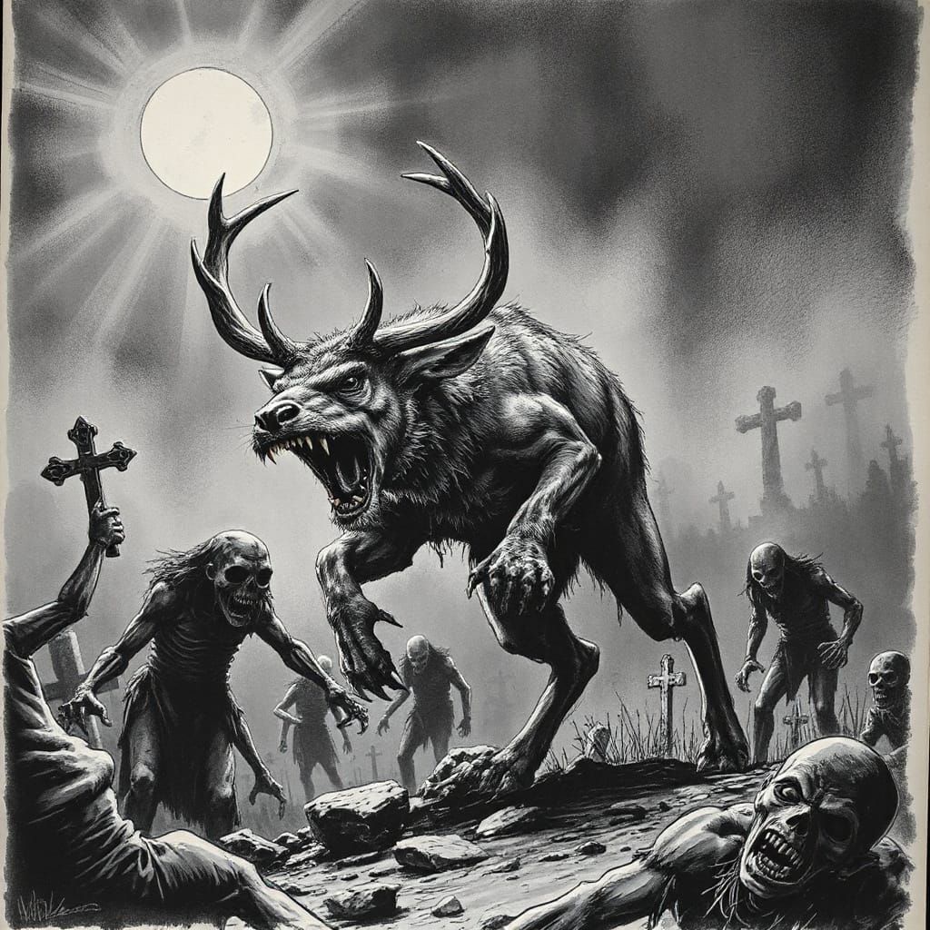 Jackalope Attacks Zombies: Charcoal Horror Illustration