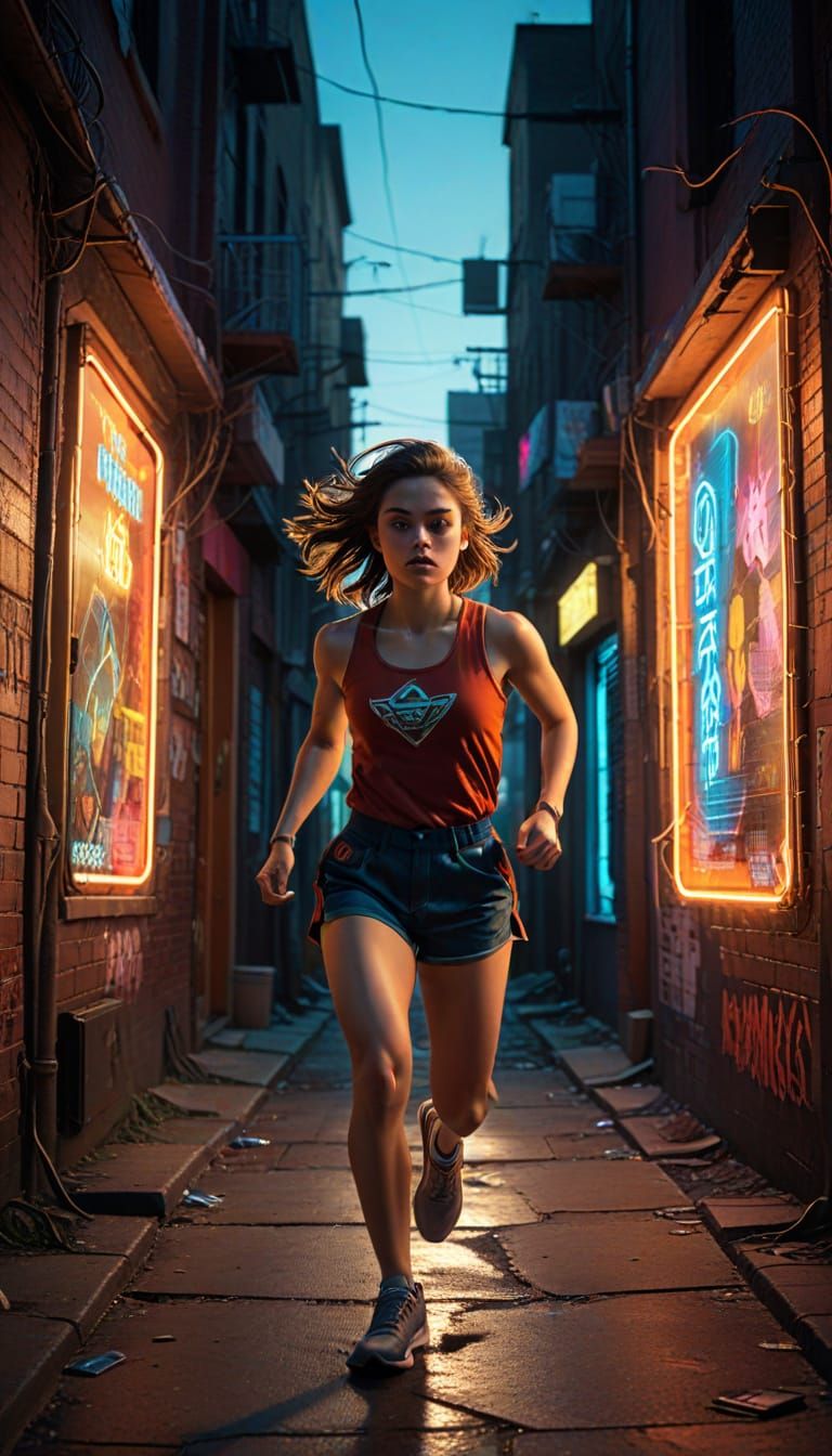 Hyperrealistic Runner in Cyberpunk Cityscape