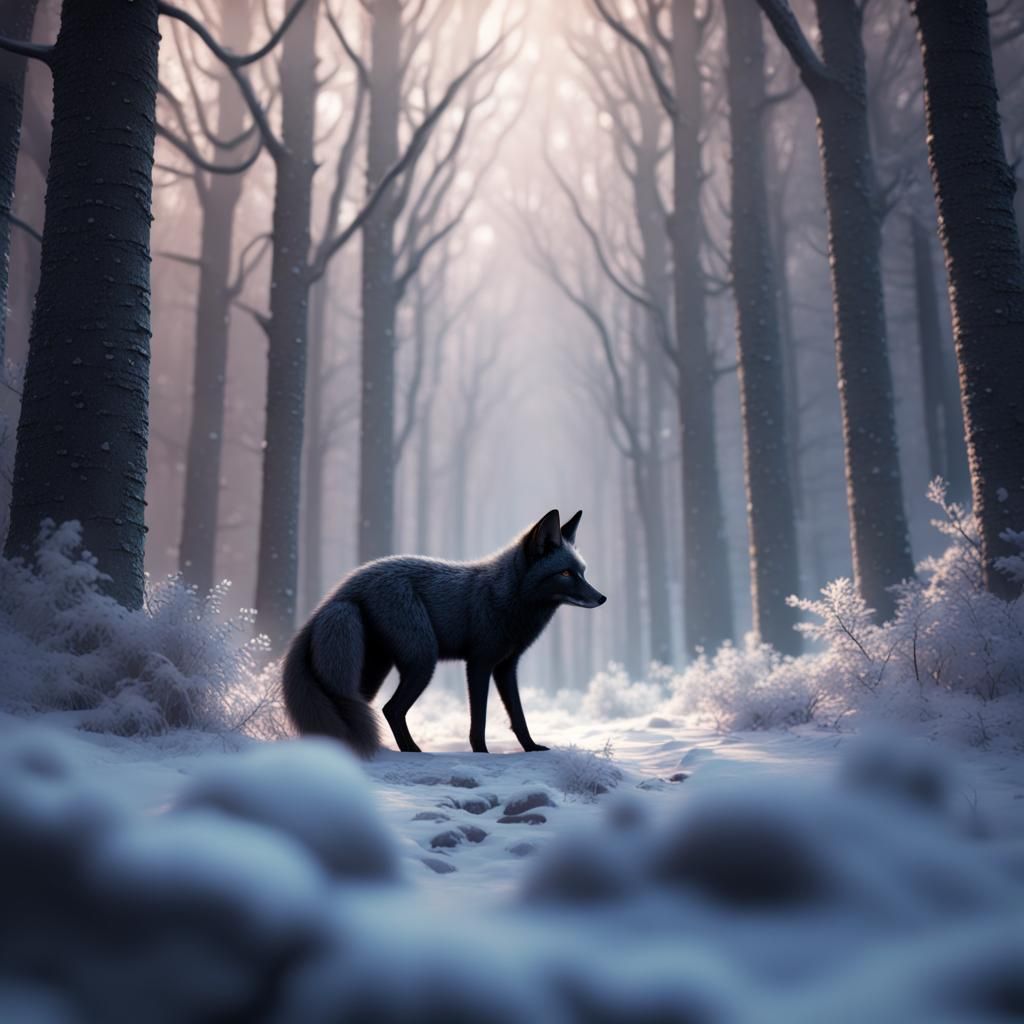 Radiant Black Fox in Winter Snowstorm
