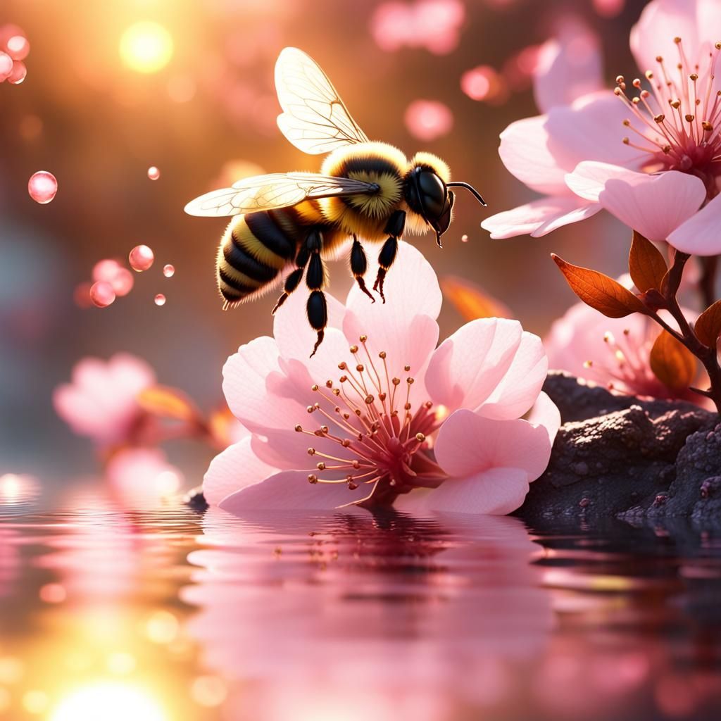 Bees Explore Cherry Blossom in Golden Light