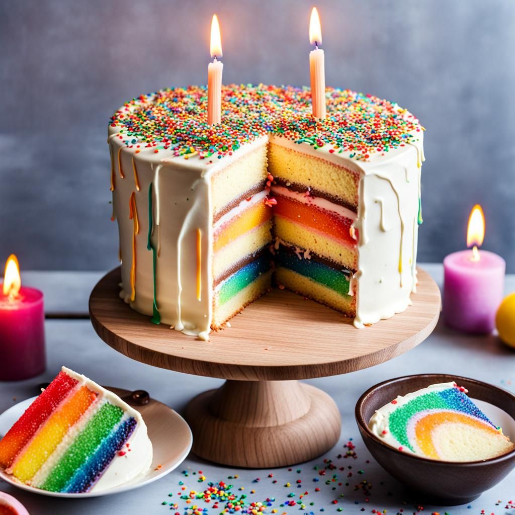 Delicious Cake with Rainbow Sprinkles and Candles