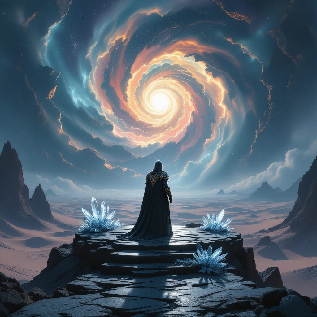 Futuristic Knight in Surreal Alien Desert Landscape