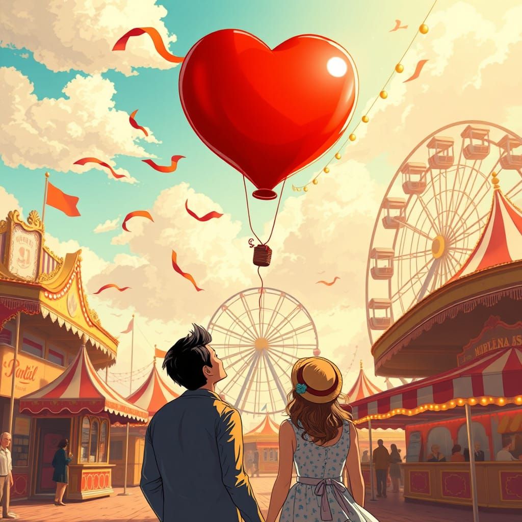 Whimsical Heart Balloon Soars Over Sun-Kissed Fairground