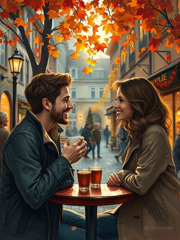 Cozy Autumn Night at Cafe in Post-Impressionist Style