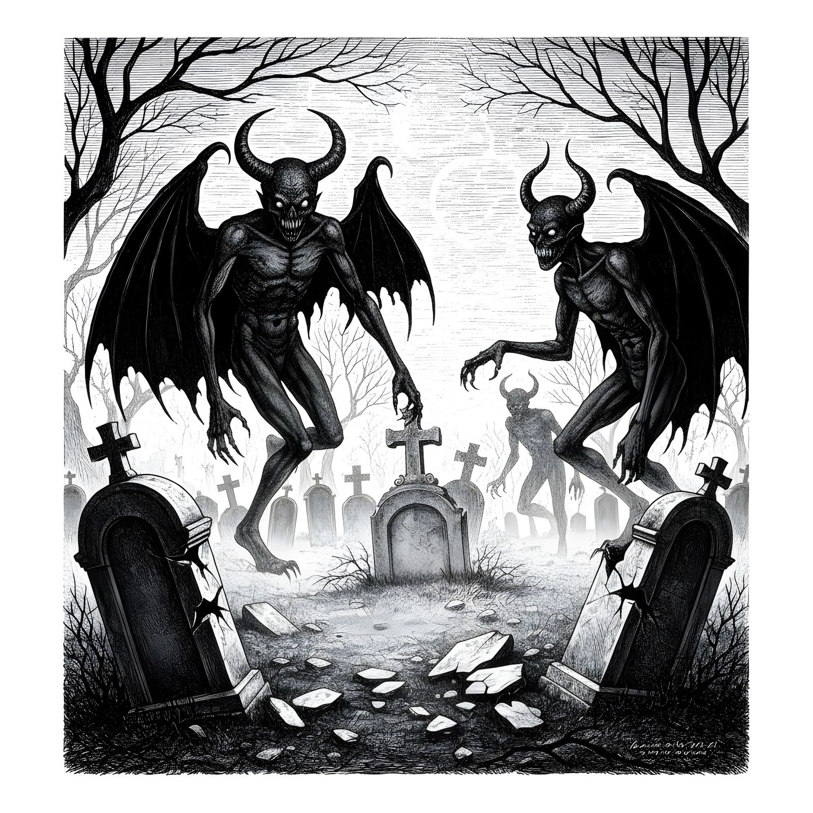 Eerie Demons in a Haunted Graveyard, Black and White Illustr...