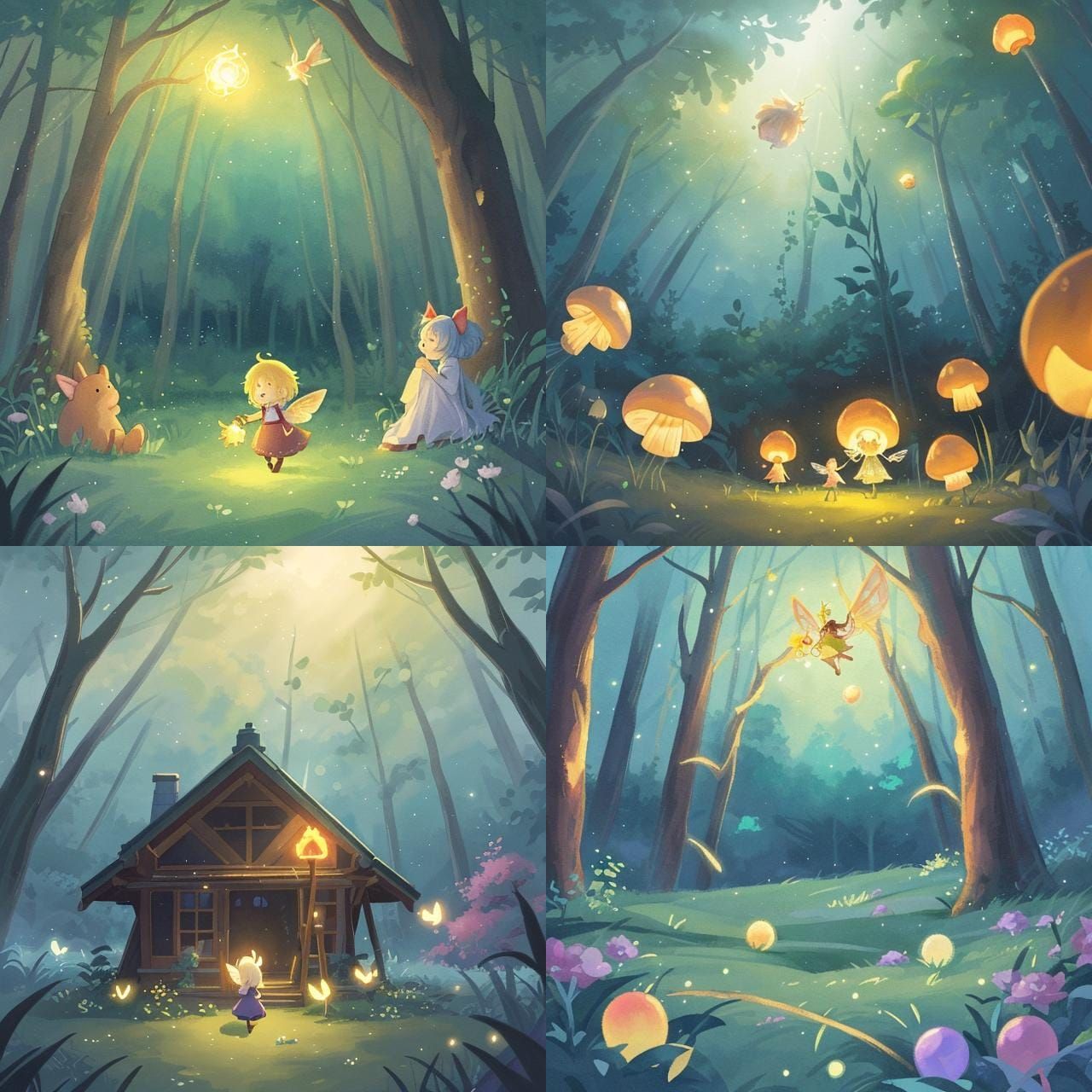 Colorful Fairies in Forest Clearing: Watercolor Art