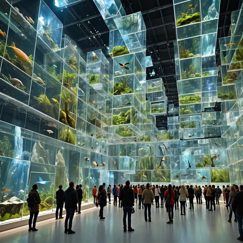 Holographic Ecosystems Exhibit in Futuristic Museum Gallery