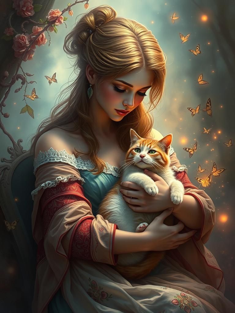 Woman with Cat: Romanticism Fantasy Art