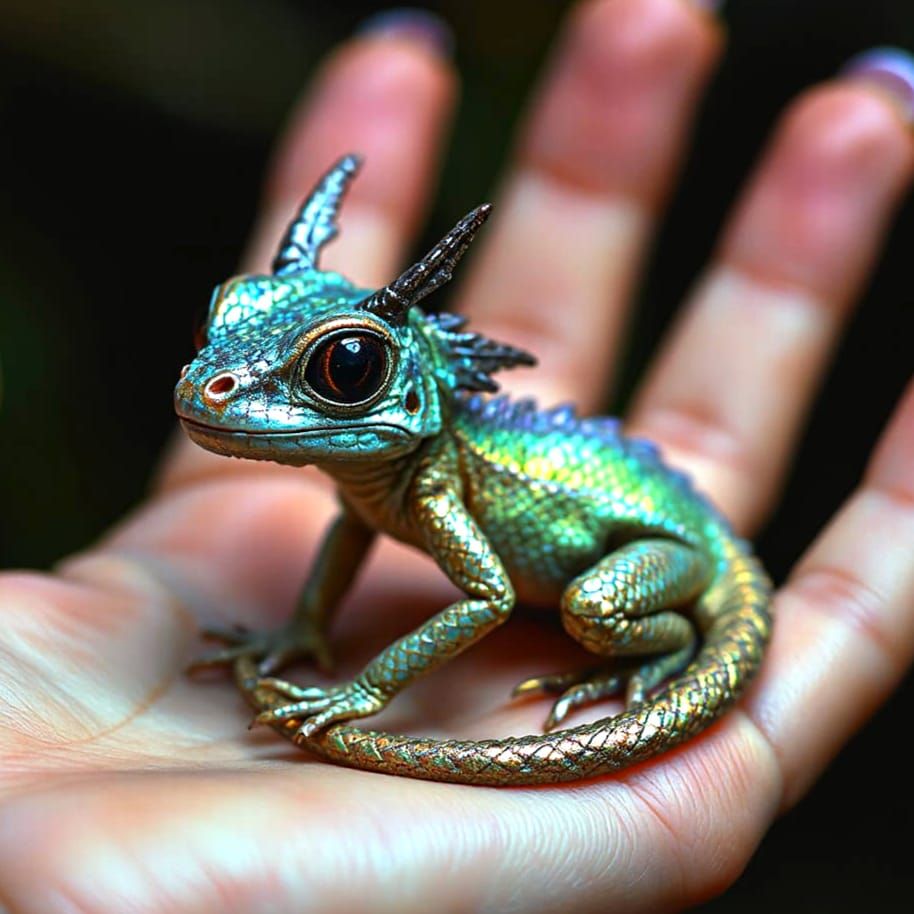Tiny Iridescent Dragon in a Gentle Hand