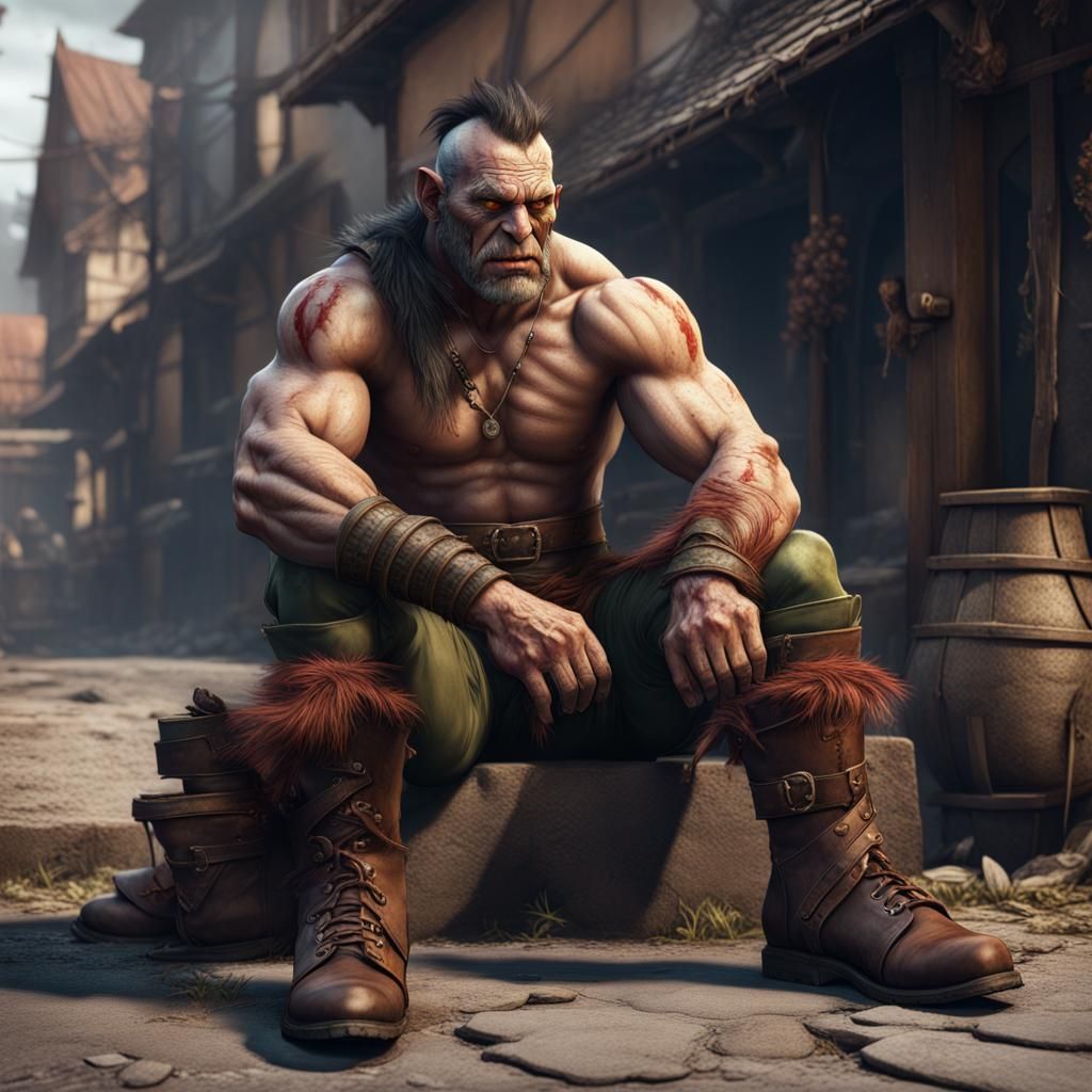 Half-Orc Barbarian Repairs Boots: Detailed Matte Painting