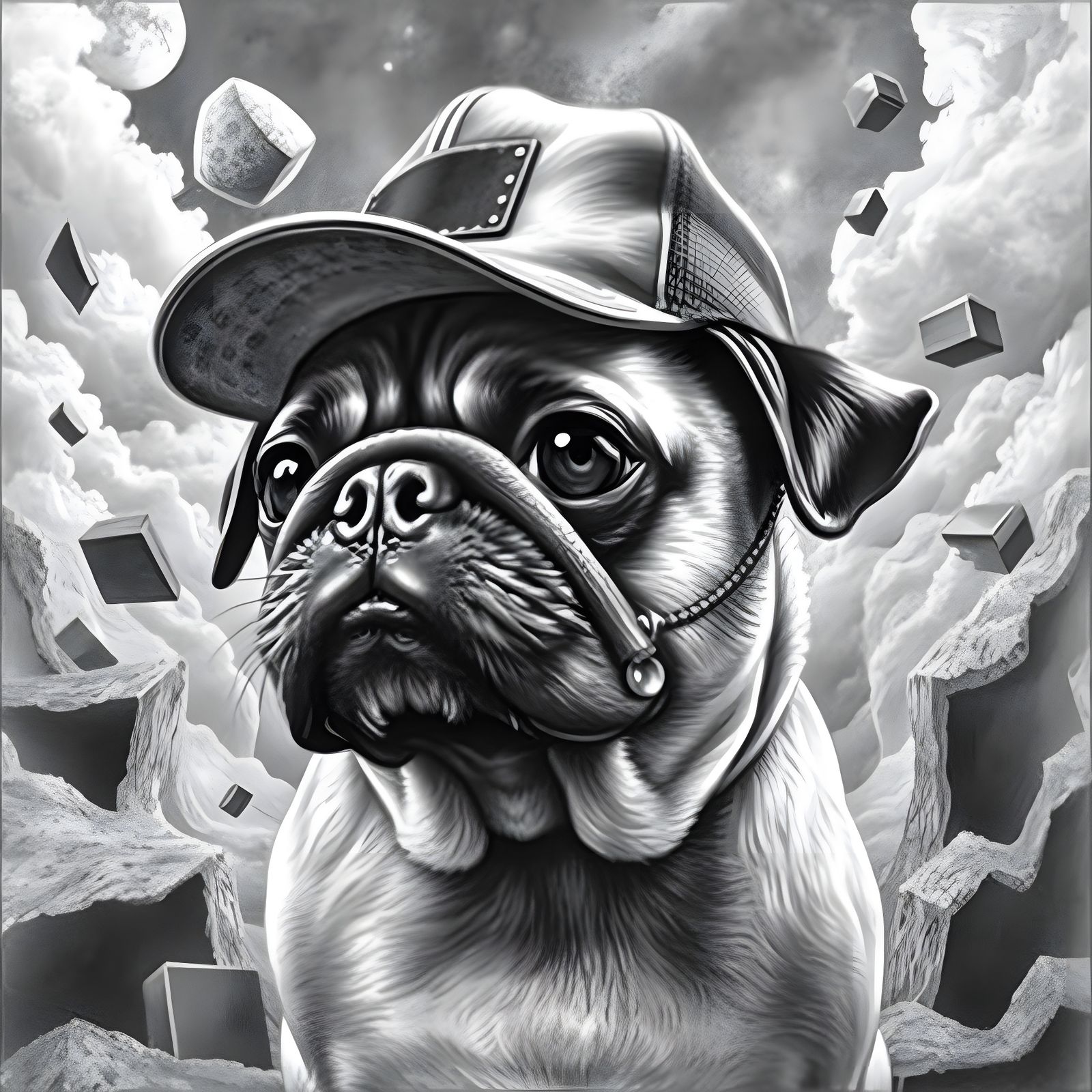 Pug in Surreal Dreamscape with Floating Shapes