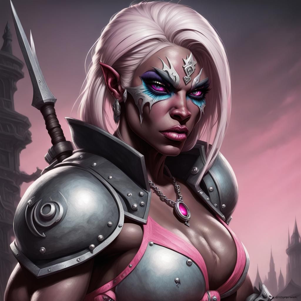 Muscular Pink-Eyed Drow Rogue in Sinister Fantasy Art