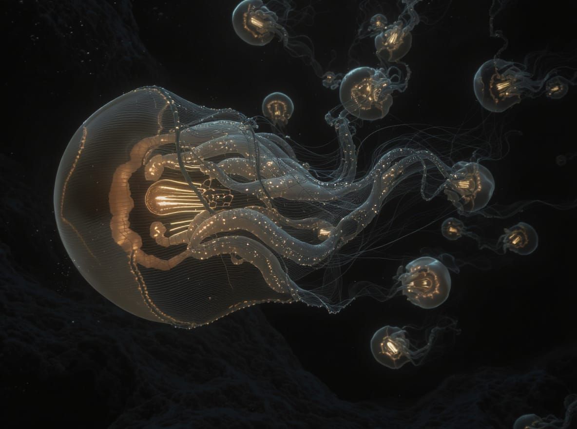 Bioluminescent Deep-Sea Jellies in Dreamlike Style