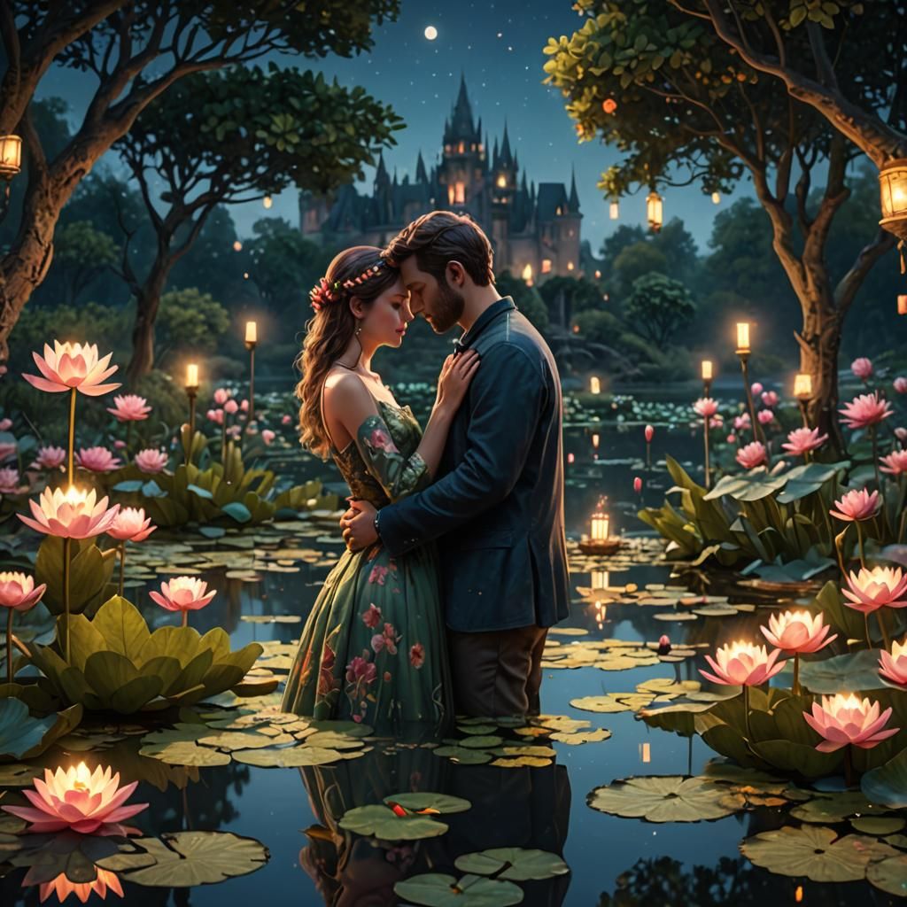 Romantic Couple by Pond in Detailed Matte Painting