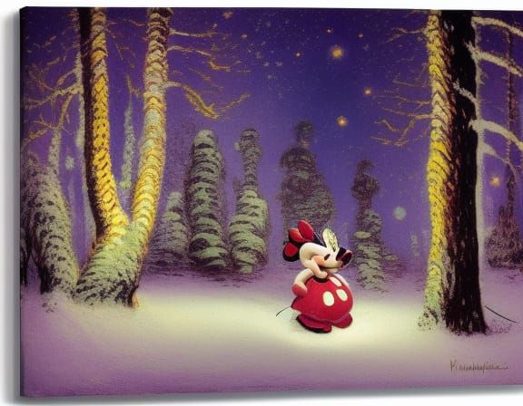 Minnie Mouse Silhouette in Snowy Landscape, Luminism Style