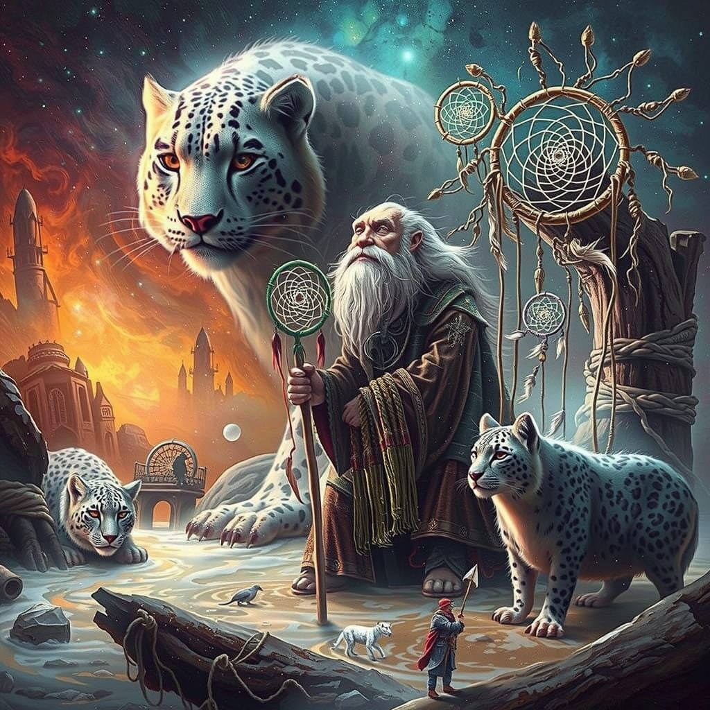Ancient Mystic with Snow Leopard in Dreamcatcher Realm