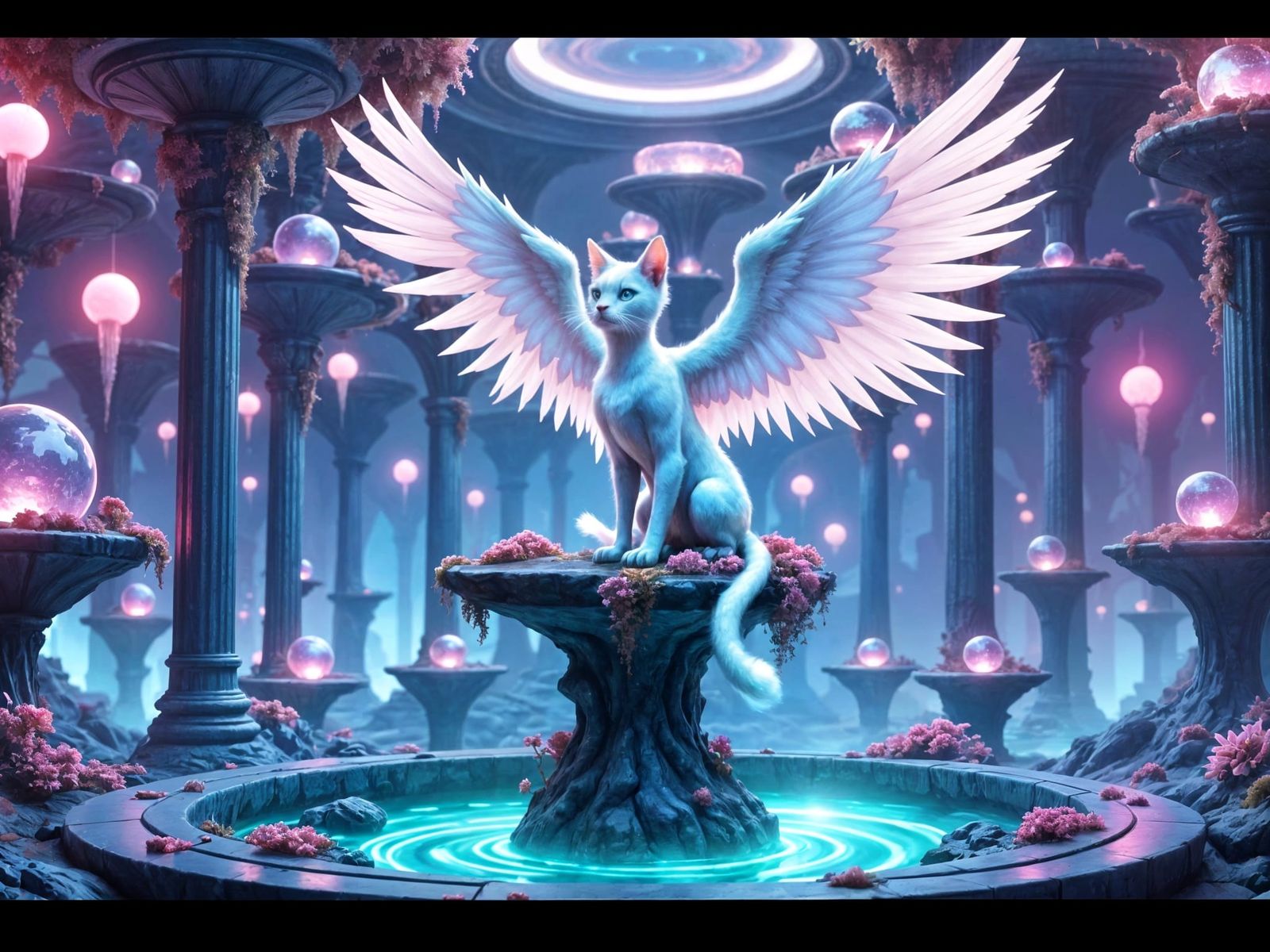 Feline Angel in a Neon Fantasy Underground Abyss