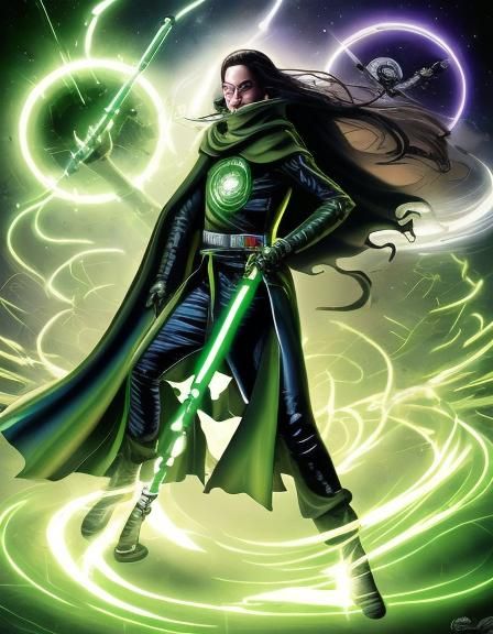 Female Jedi with Green Lightsaber in Comic Style