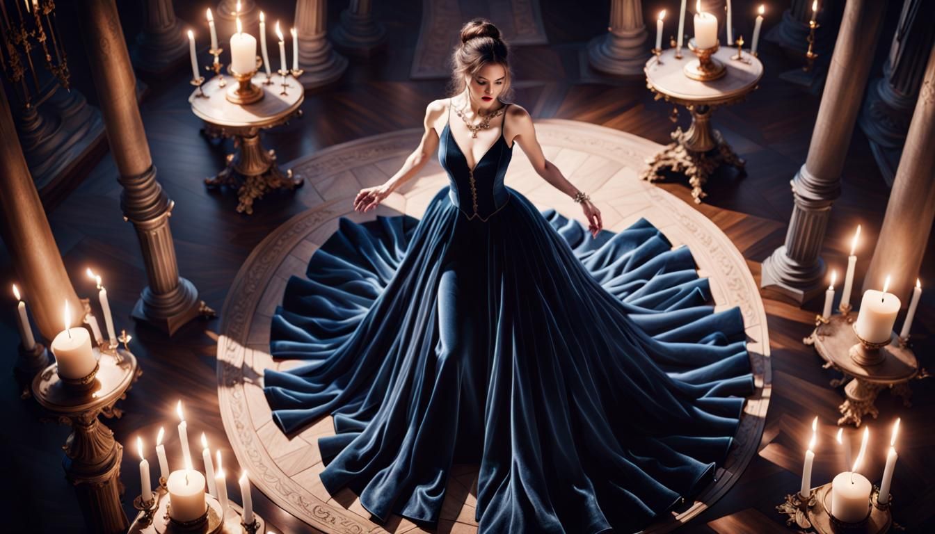 Woman Dancing in Velvet Dress in Gothic Style