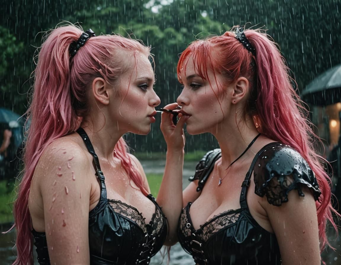 Women Kissing in Rain: Cinematic Film Still